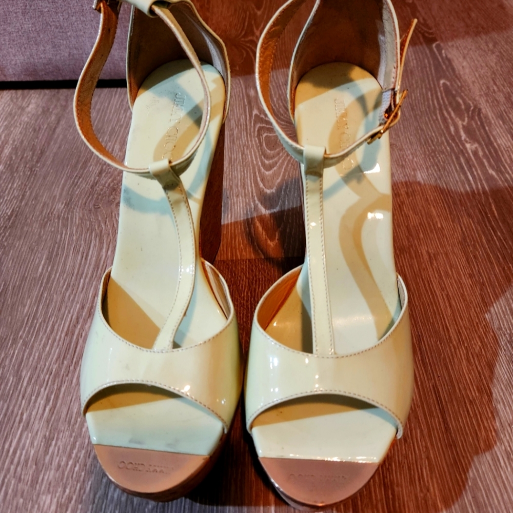 Jimmy Choo seafoam green T-strap wedges